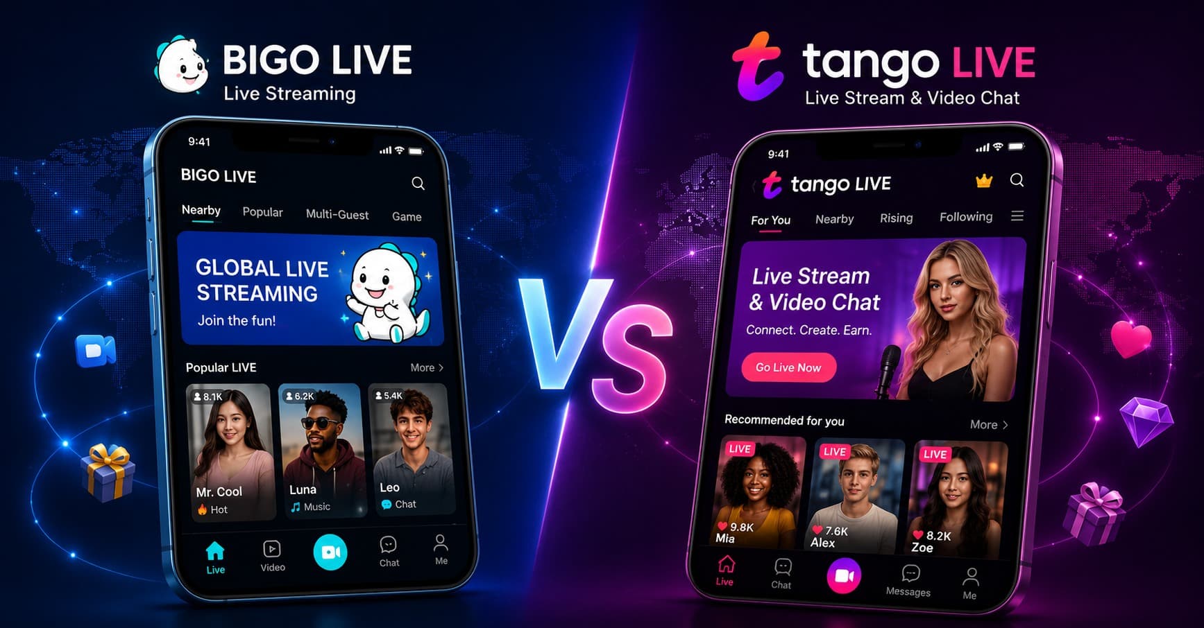 Side-by-side comparison of Tango Live and BIGO Live showing their interfaces and creator features