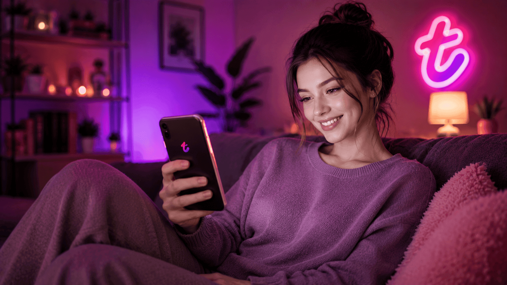 Person browsing live creators on Tango from a smartphone in a cosy neon-lit room