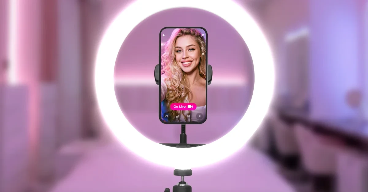 Smartphone on ring light showing Tango Go Live button