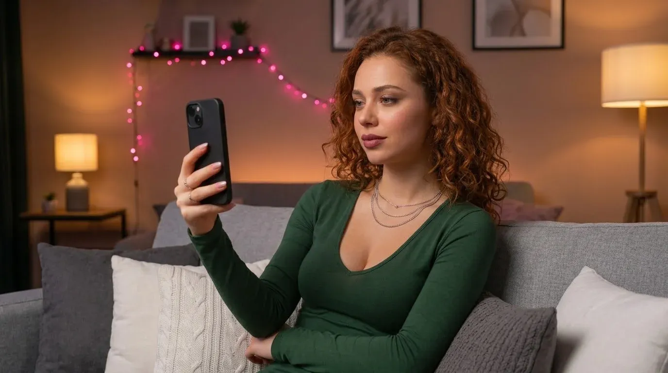 Woman waving at her phone during a mobile video chat on a sofa at home